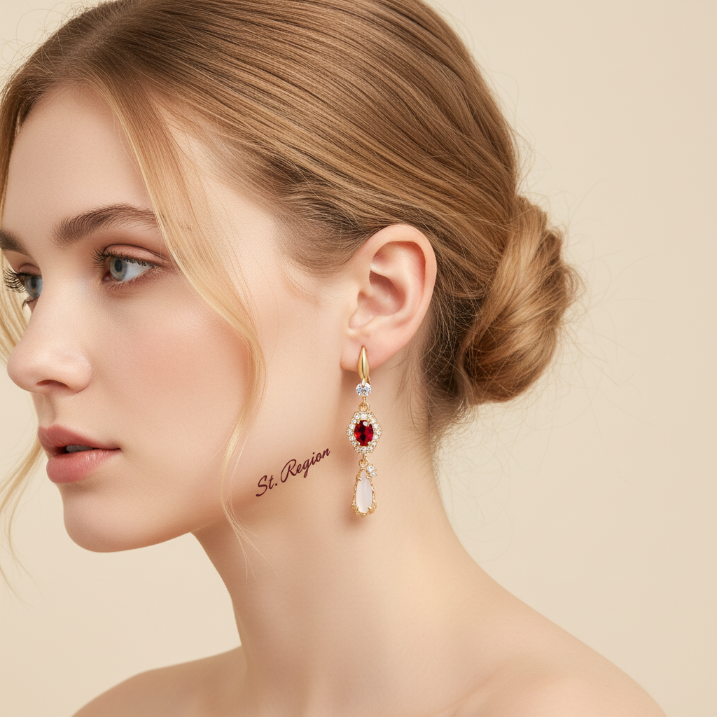 Red Crystal & Jade Cubic Zirconia Goldtone Hexagon Drop Earrings - Street Region