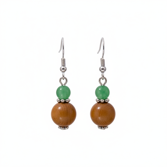 Green Jade & Brown Wood Silvertone Gourd-Shape Hook Earrings - Street Region