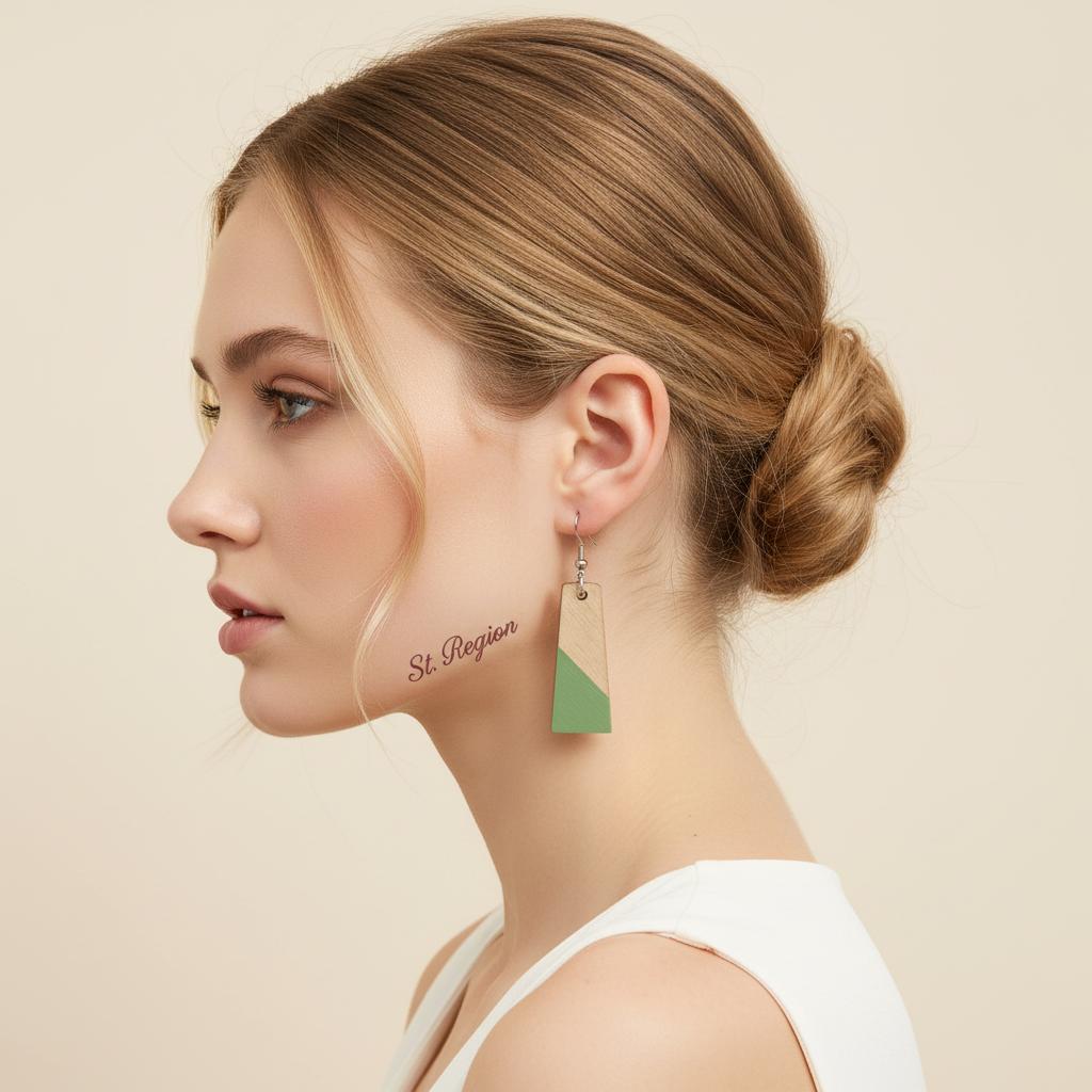 Green Resin and Wood Silvertone Patchwork Trapezoid�Hook Earrings, silver drop earrings for women, styled look