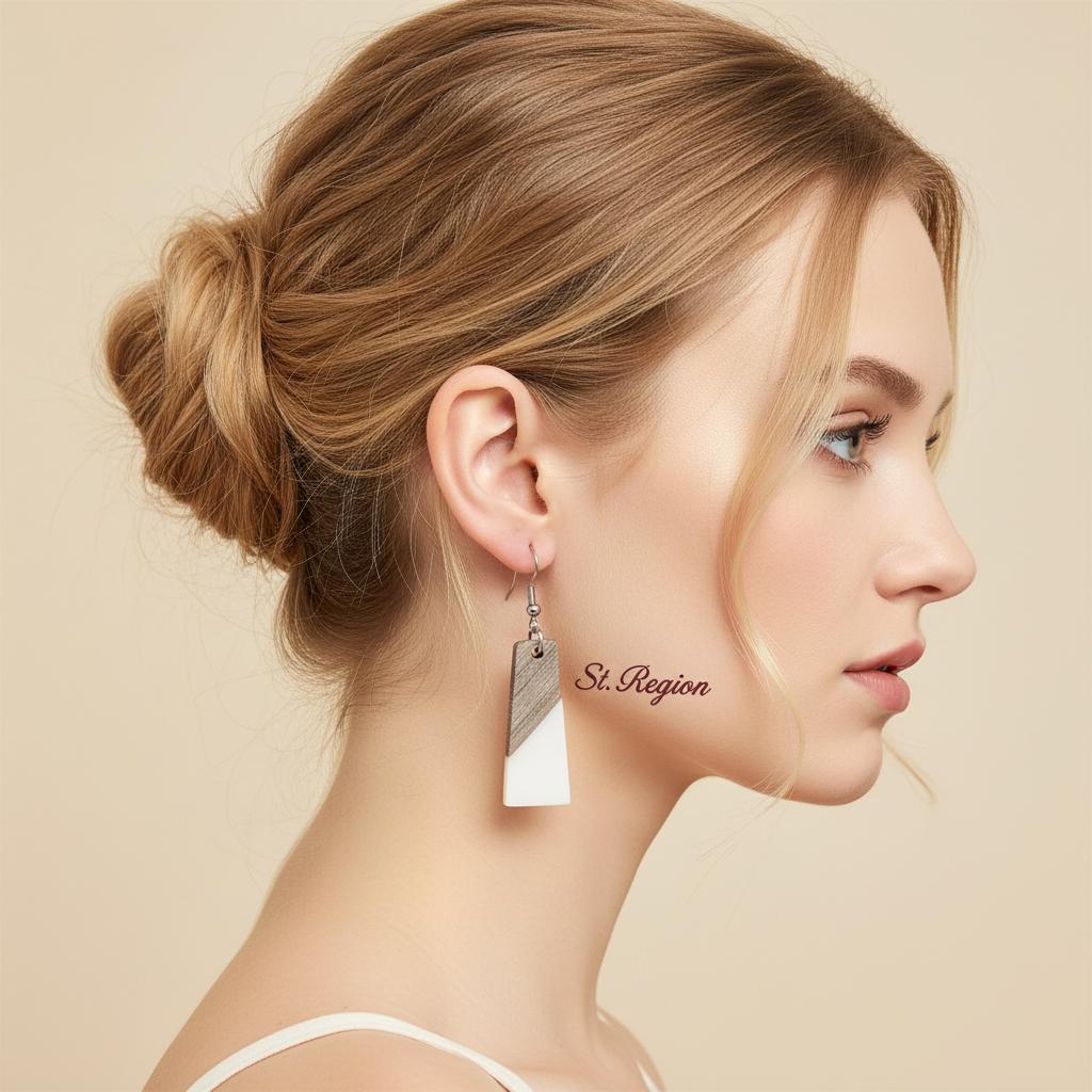 White Resin and Wood Silvertone Patchwork Trapezoid�Hook Earrings, silver drop earrings for women, styled look