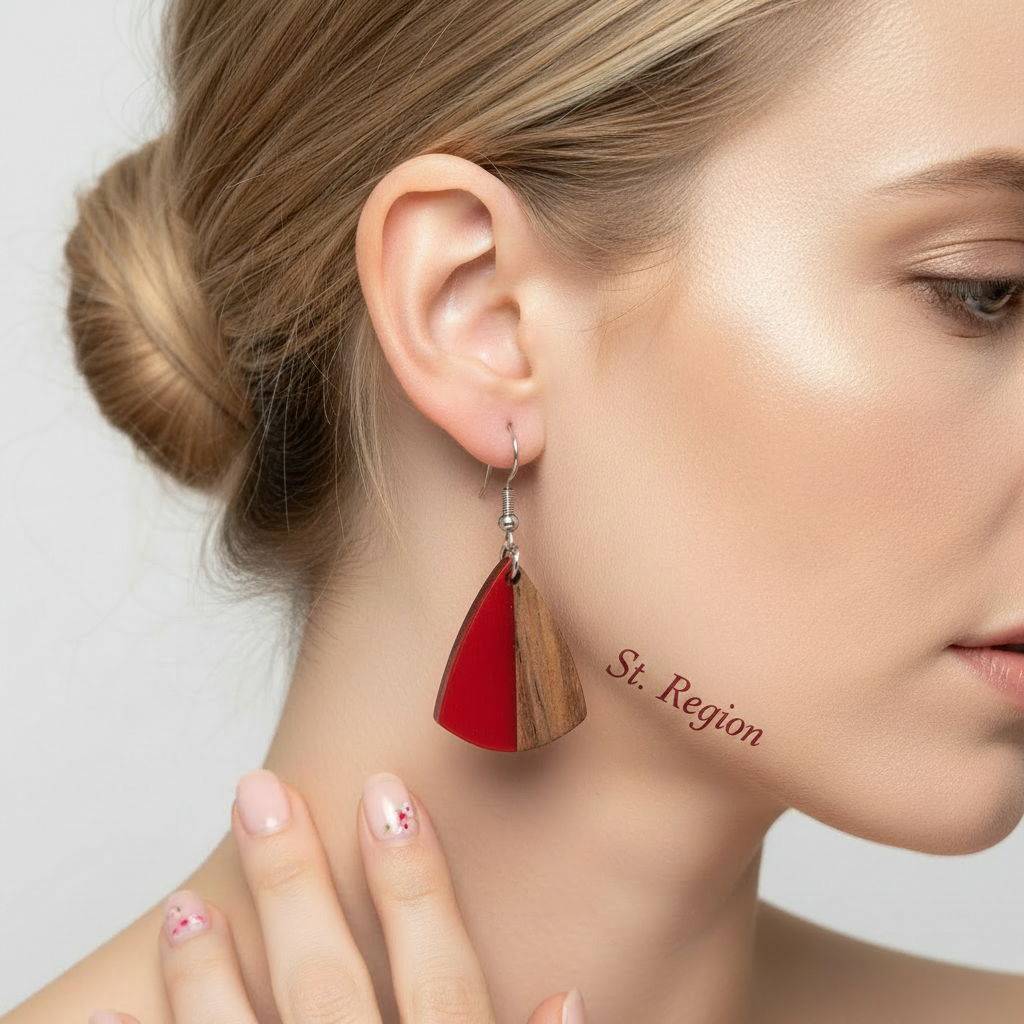 Red Resin & Wood Silvertone Shield Hook Earrings - Street Region