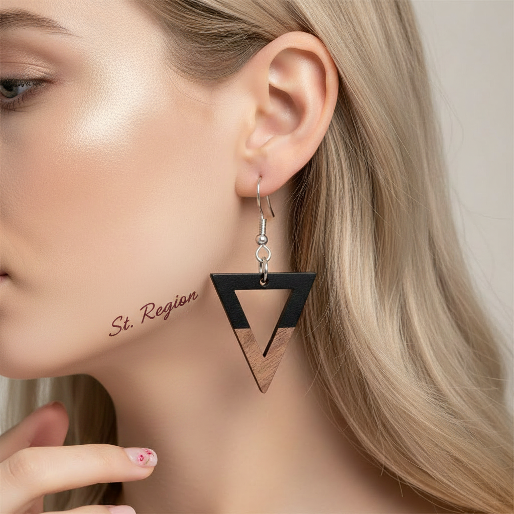 Black Resin & Wood Silvertone Open Triangle Hook Earrings - Street Region