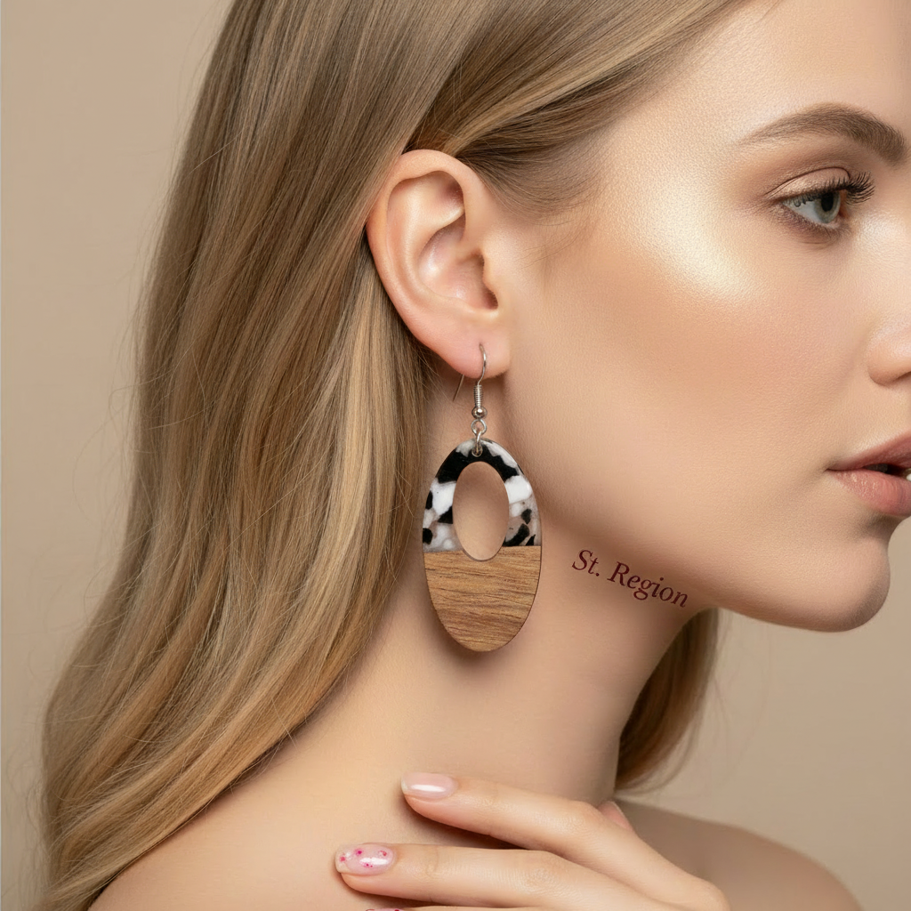Black Resin & Wood Silvertone Open Oval Hook Earrings - Street Region