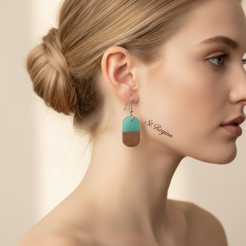 Green Resin and Wood Silvertone Patchwork Rectangle Hook Earrings, silver drop earrings for women, styled look