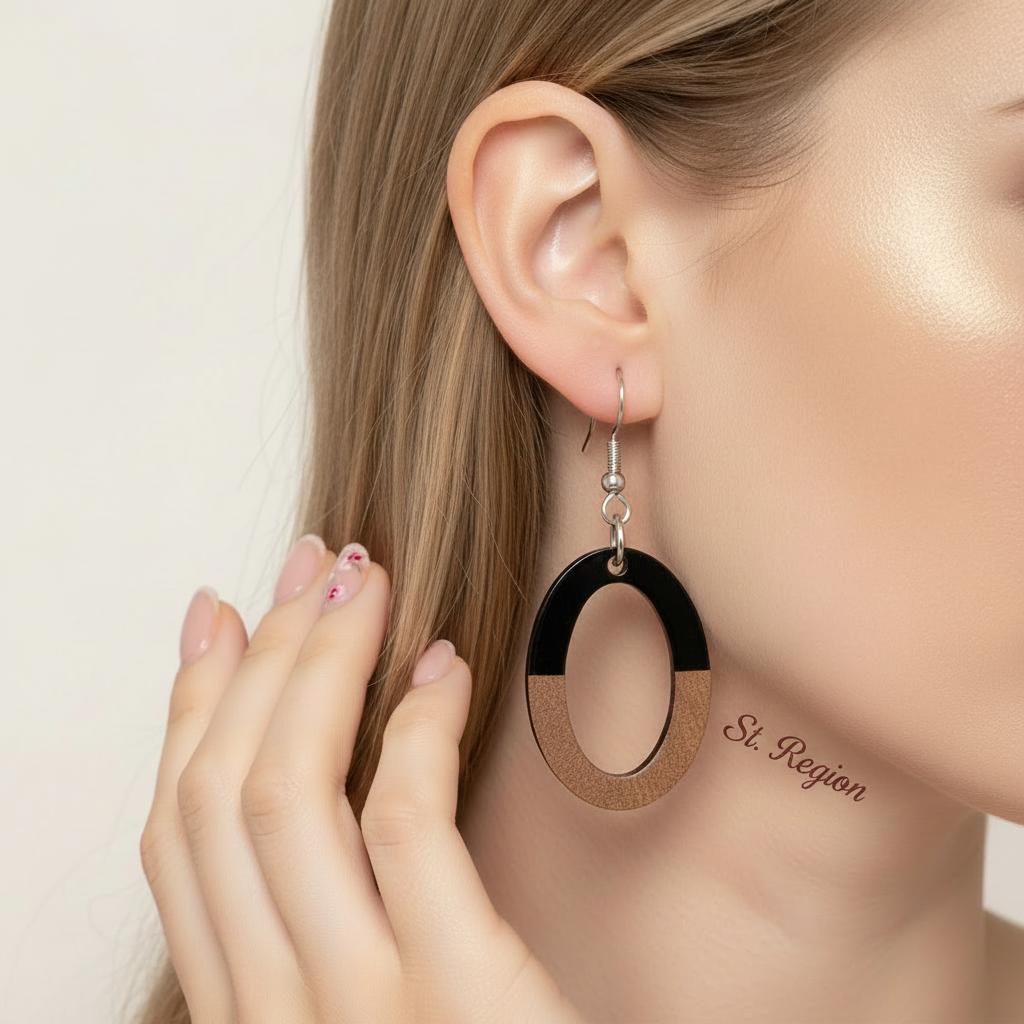 Black Resin and Wood Silvertone Open Oval Hook Earrings, silver drop earrings for women, styled look