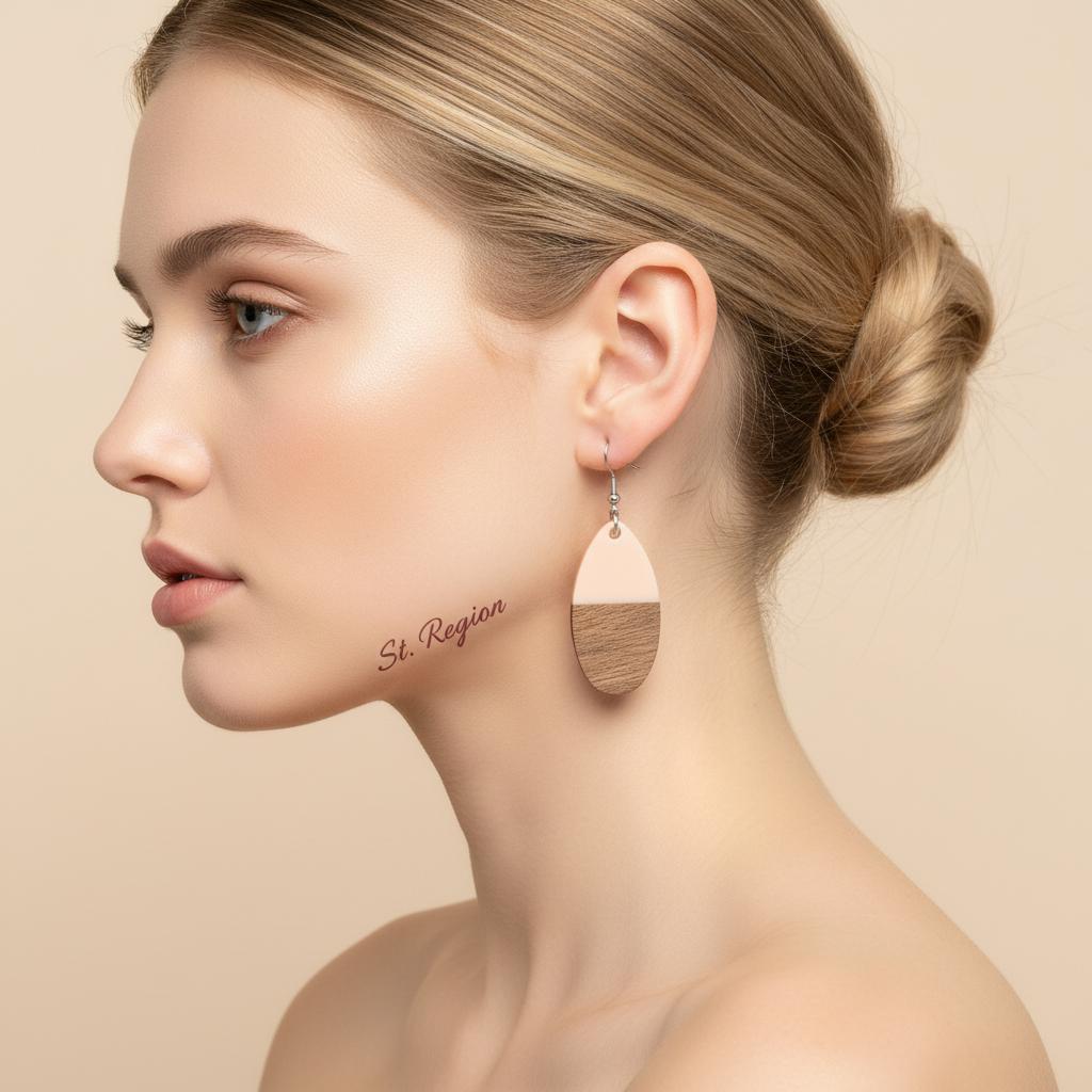 Pink Resin and Wood Silvertone Patchwork Teardrop Hook Earrings, silver drop earrings for women, everyday style, styled look