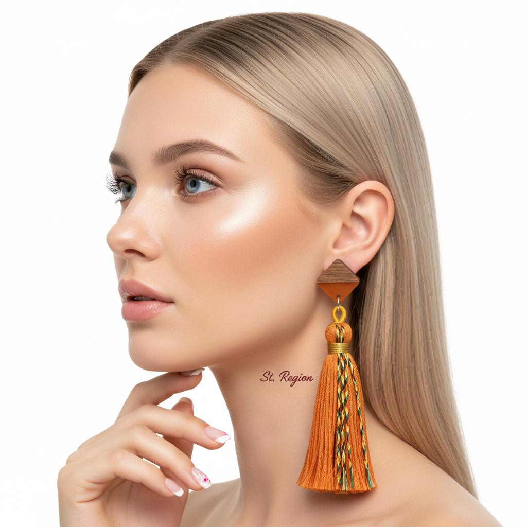 Orange Polyster and Resin Wood Silvertone Tassel Statement Drop Earrings, silver drop earrings for women, styled look