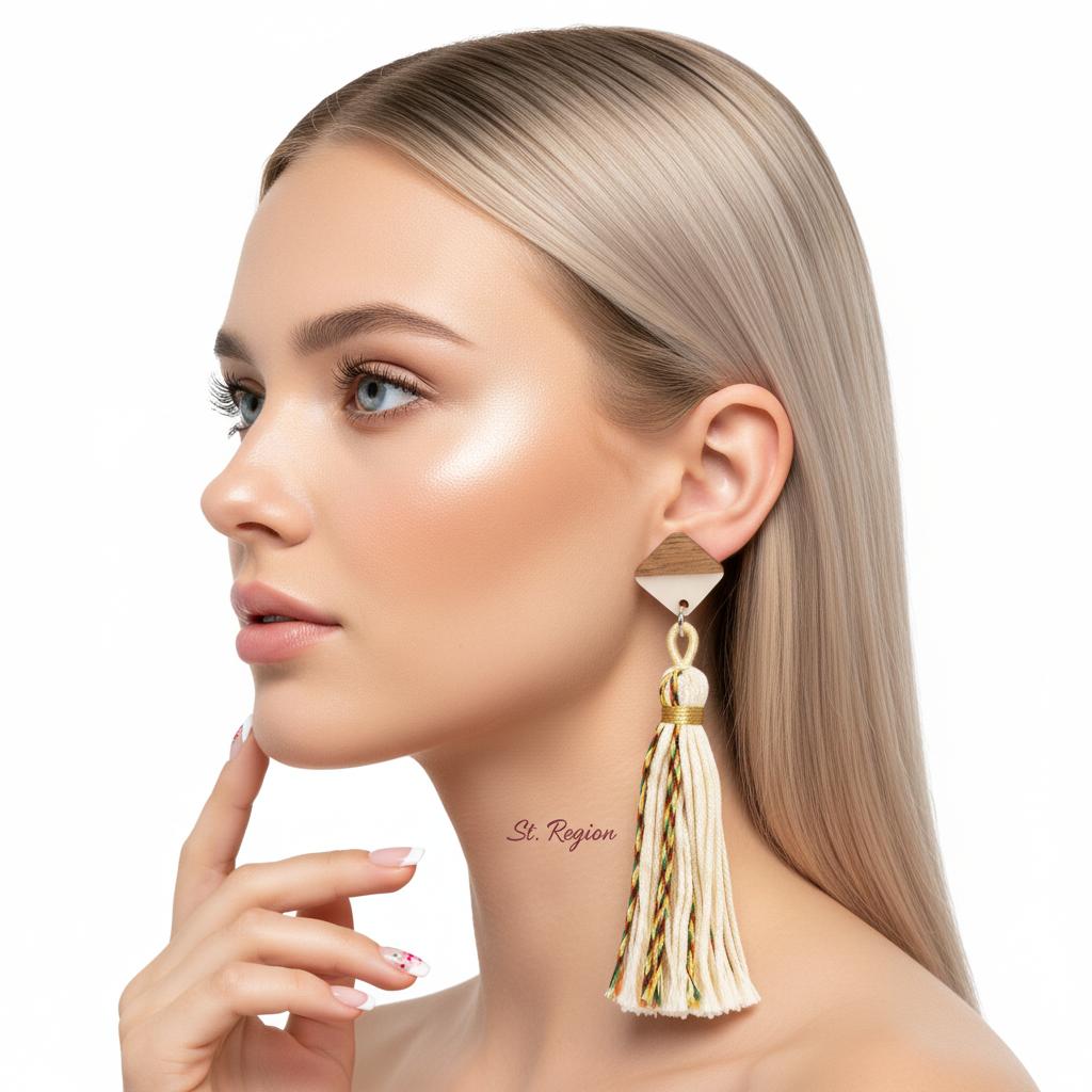White Polyster and Resin Wood Silvertone Tassel Statement Drop Earrings, silver drop earrings for women, styled look