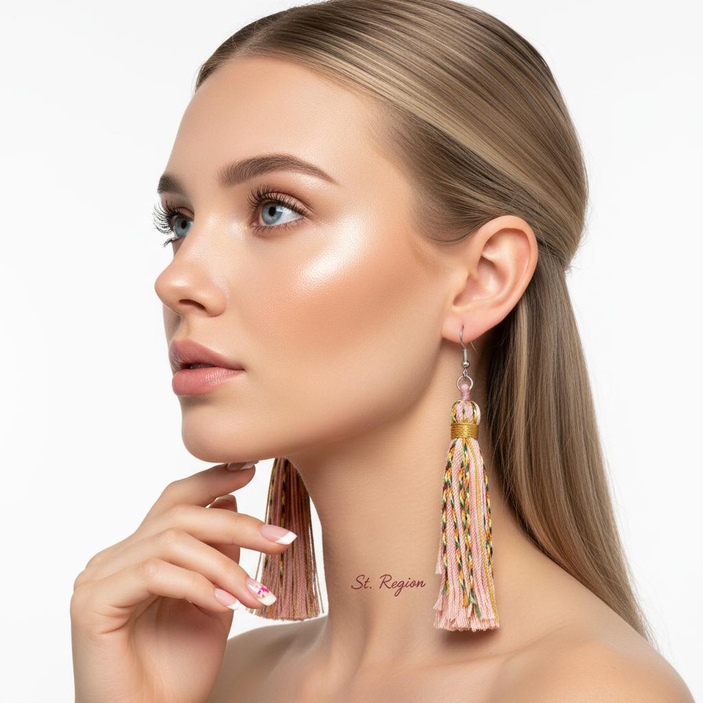 Pink Multi-Colored Polyster and Silvertone Tassel Statement Hook Earrings, silver drop earrings for women, styled look