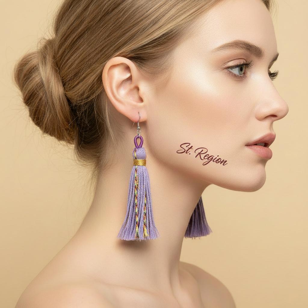 Purple Multi-Colored Polyster and Silvertone Tassel Statement Hook Earrings, silver drop earrings for women, styled look