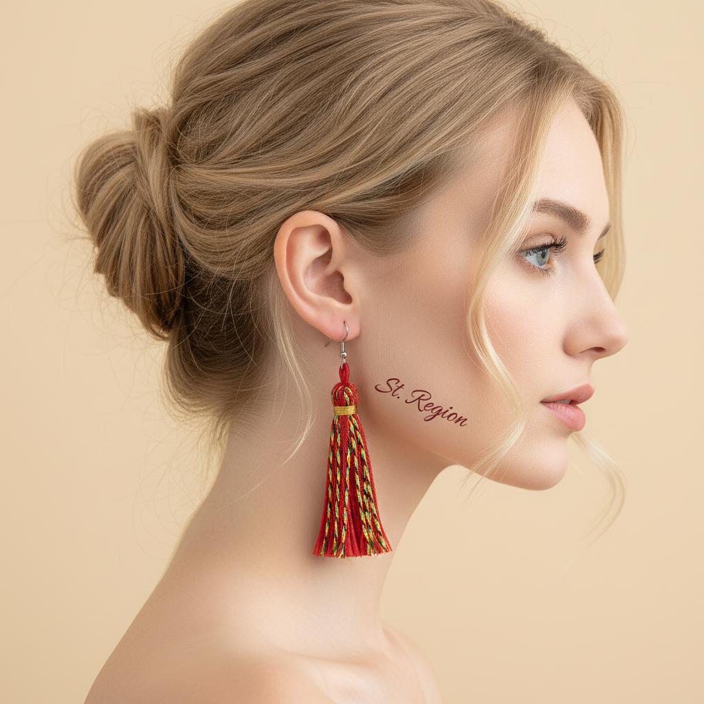 Red Multi-Colored Polyster and Silvertone Tassel Statement Hook Earrings, silver drop earrings for women, styled look