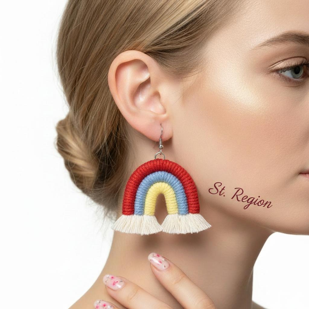 Red Multi-Colored Yarn and Silvertone Rainbow Tassel Hook Earrings, silver drop earrings for women, styled look