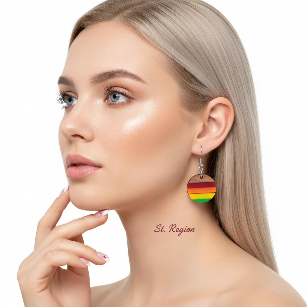 Multi-Colored Resin and Wood Silvertone Stripped Round Hook Earrings, gold drop earrings for women, styled look