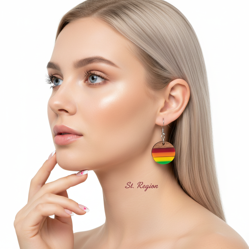 Multi-Colored Resin & Wood Silvertone Stripped Round Hook Earrings - Street Region