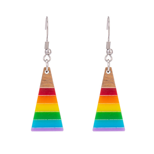 Multi-Colored Resin & Wood Silvertone Stripped Triangle Hook Earrings - Street Region