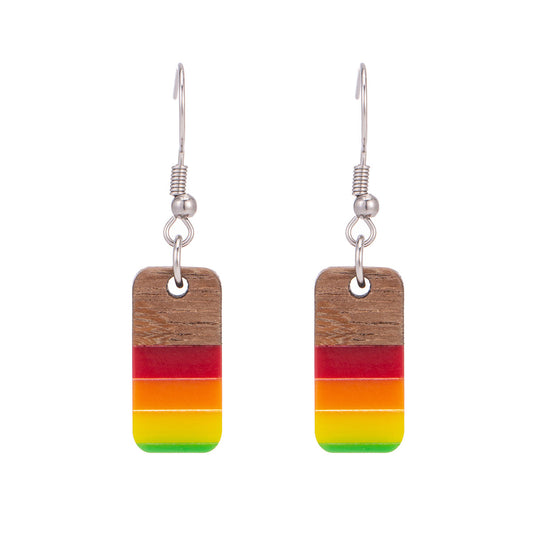 Multi-Colored Resin & Wood Silvertone Stripped Rectangle Hook Earrings - Street Region