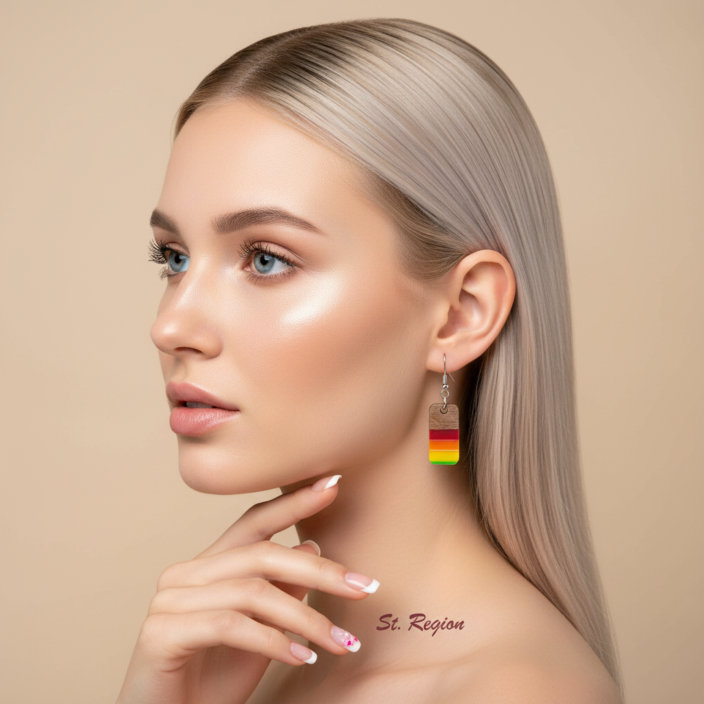 Multi-Colored Resin & Wood Silvertone Stripped Rectangle Hook Earrings - Street Region