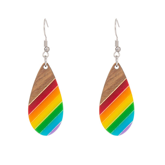 Multi-Colored Resin & Wood Silvertone Stripped Drop Hook Earrings - Street Region