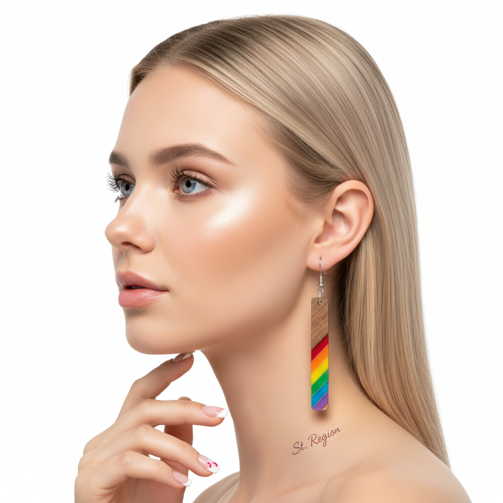 Rainbow Resin & Wood Silvertone Stripped Bar Hook Earrings - Street Region