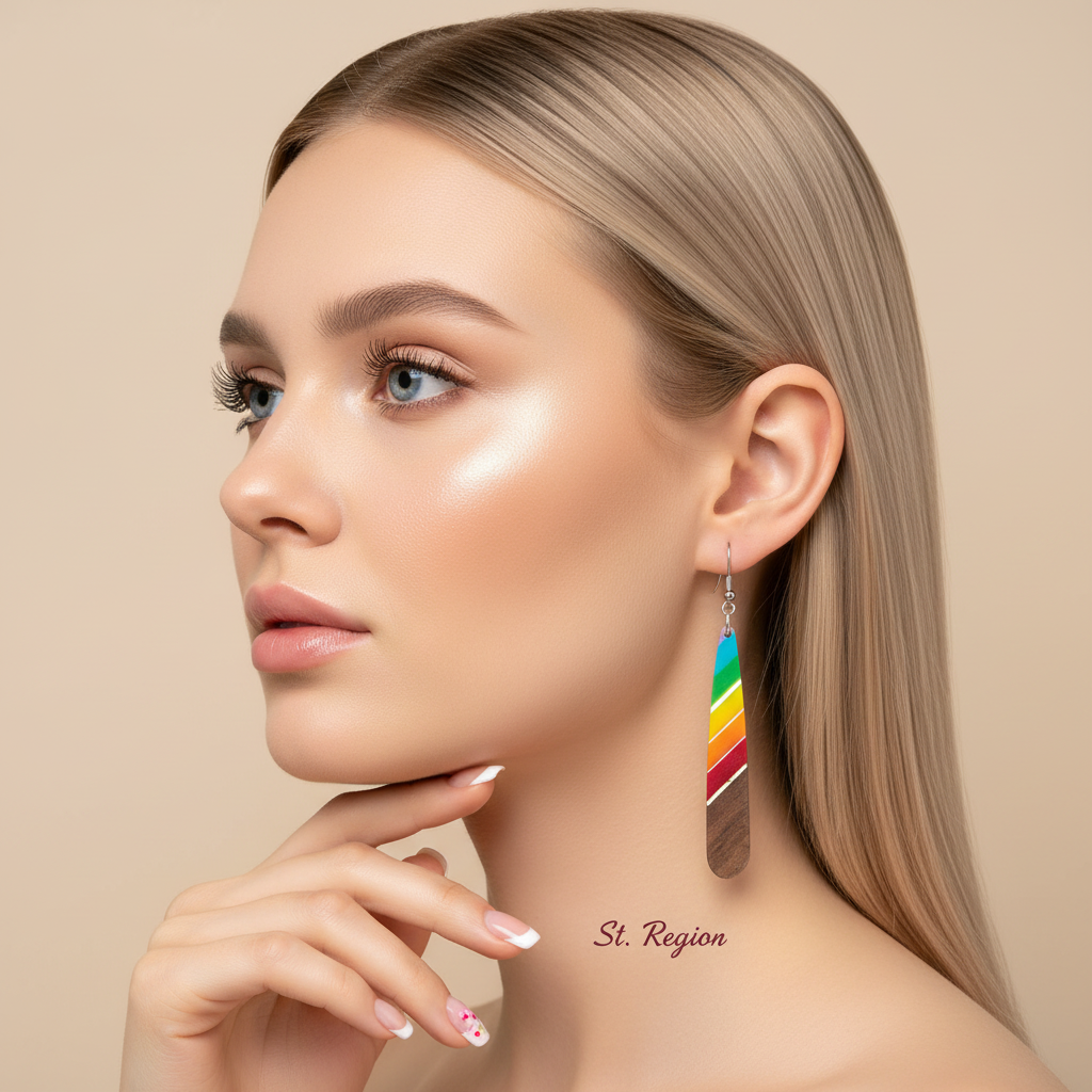 Rainbow Resin & Wood Silvertone Stripped Teardrop Hook Earrings - Street Region