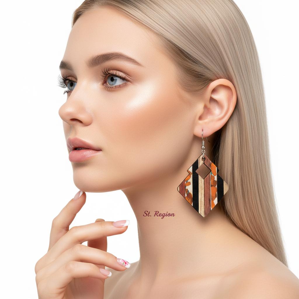 Multi-Colored Resin and Wood Silvertone Striped Stacked Square Hook Earrings, silver drop earrings for women, styled look