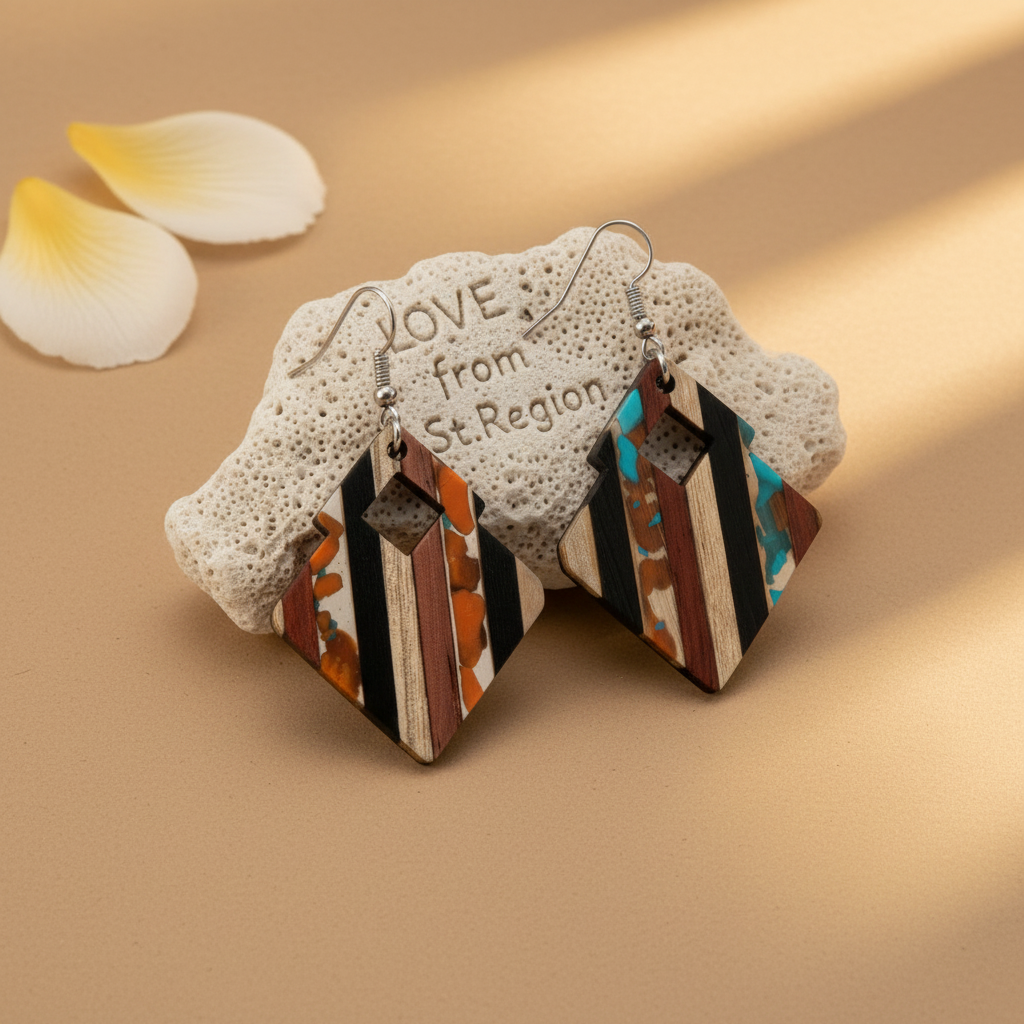 Multi-Colored Resin & Wood Silvertone Striped Stacked Square Hook Earrings - Street Region