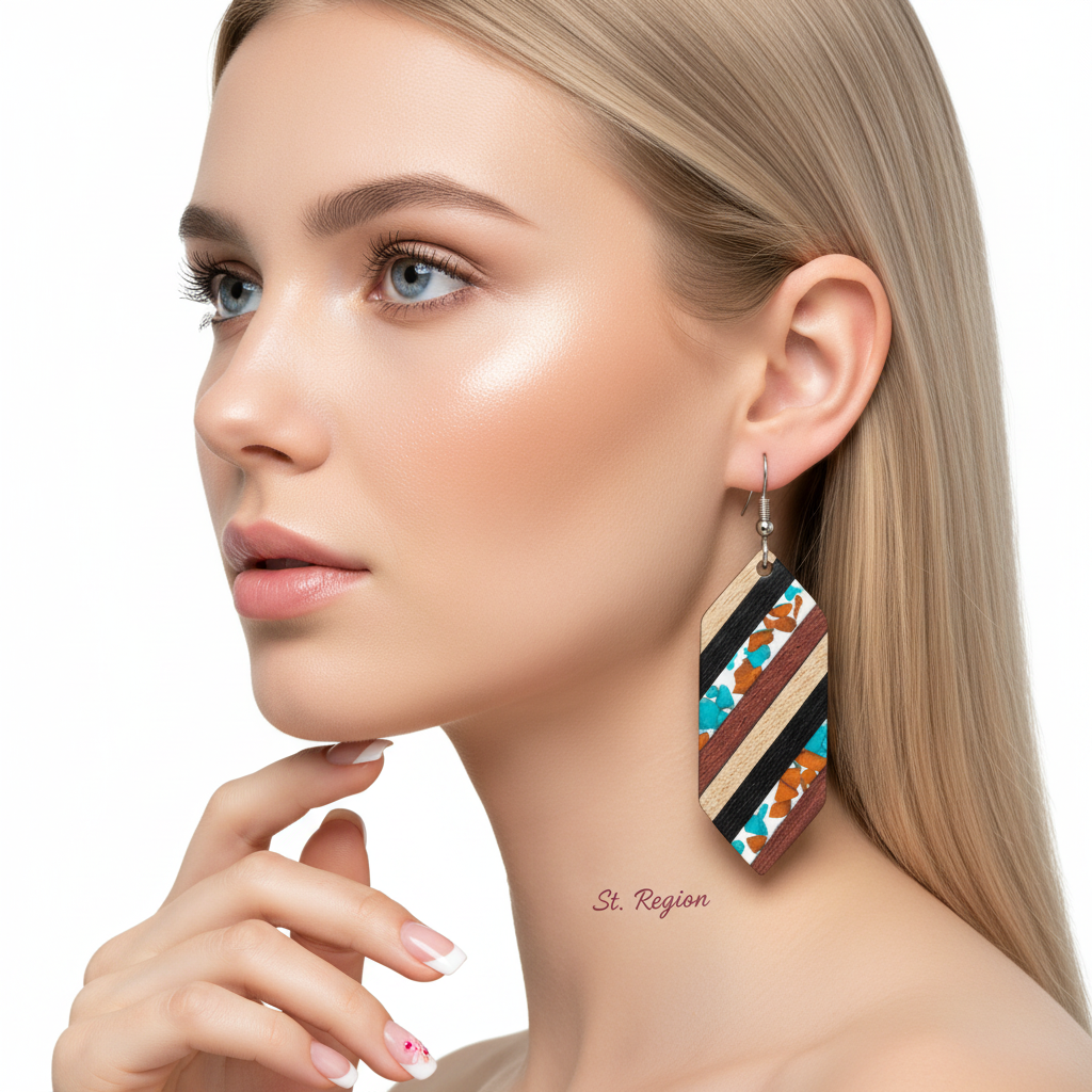 Multi-Colored Resin & Wood Silvertone Striped Hexagonal Hook Earrings - Street Region