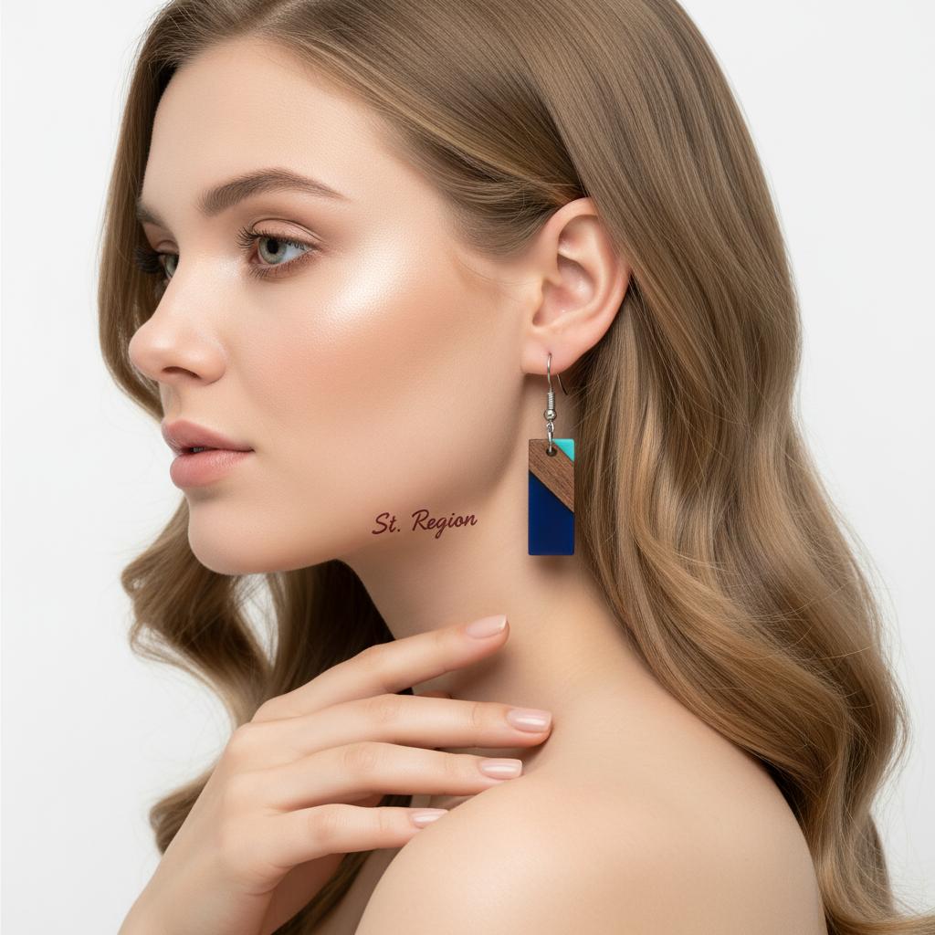 Mint Green and Navy Resin Wood Silvertone Color-Block Rectangle Hook Earrings, silver drop earrings for women, styled look