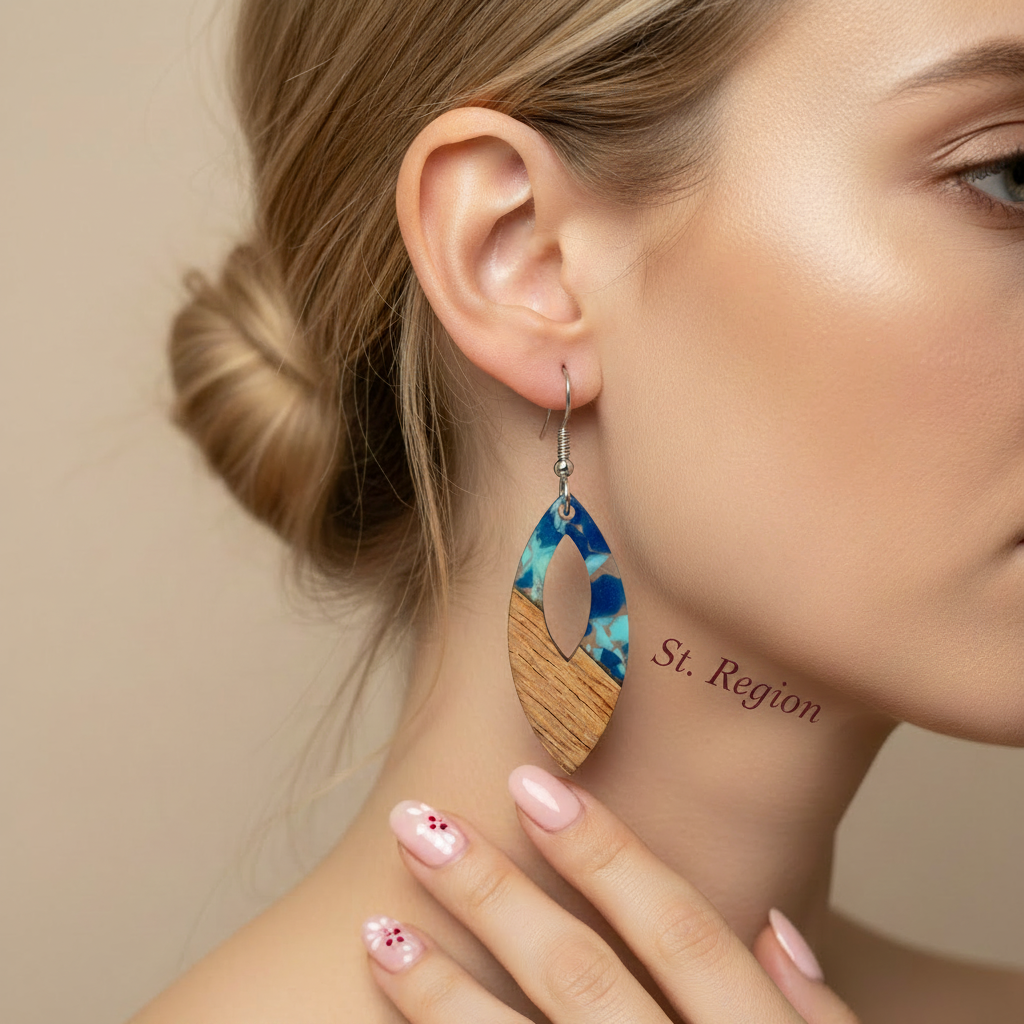 Navy Resin & Wood Silvertone Leopard Print Leaf Hook Earrings - Street Region