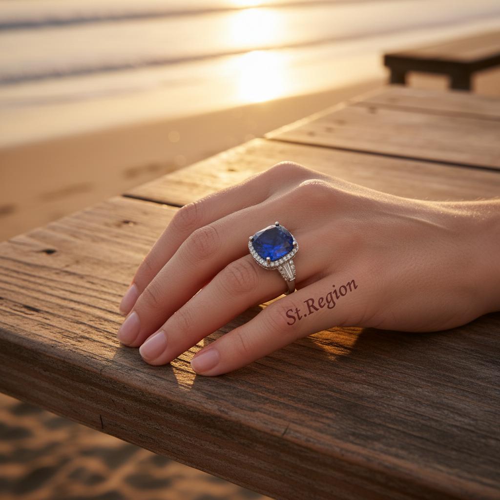 Navy Crystal & Cubic Zirconia Halo Cushion-Cut Ring