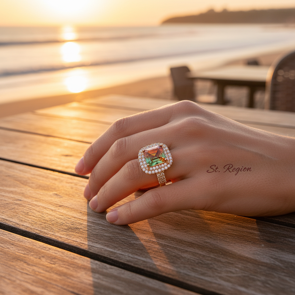 Red & Green Crystal Cubic Zirconia Layered Halo Ring - Street Region