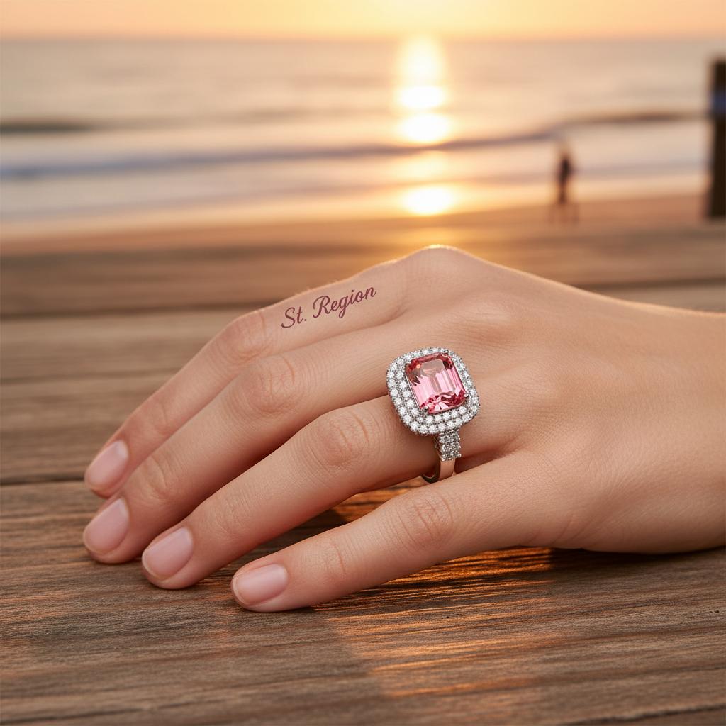 Red-Green Crystal & Cubic Zirconia Radiant-Cut Halo Ring