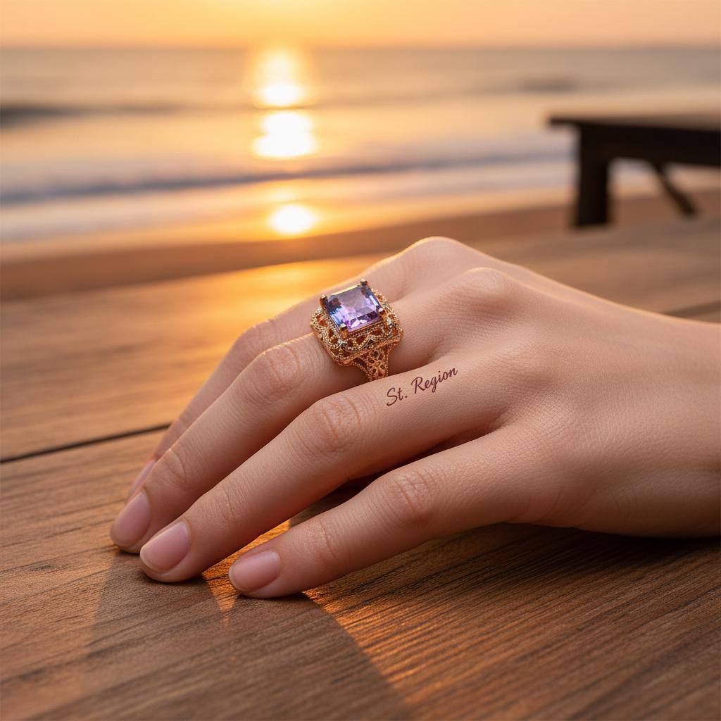 Rose Purple Crystal and 18K Gold-Plated Radiant-Cut Ring, gold statement rings for women, elegant gift for her, styled look