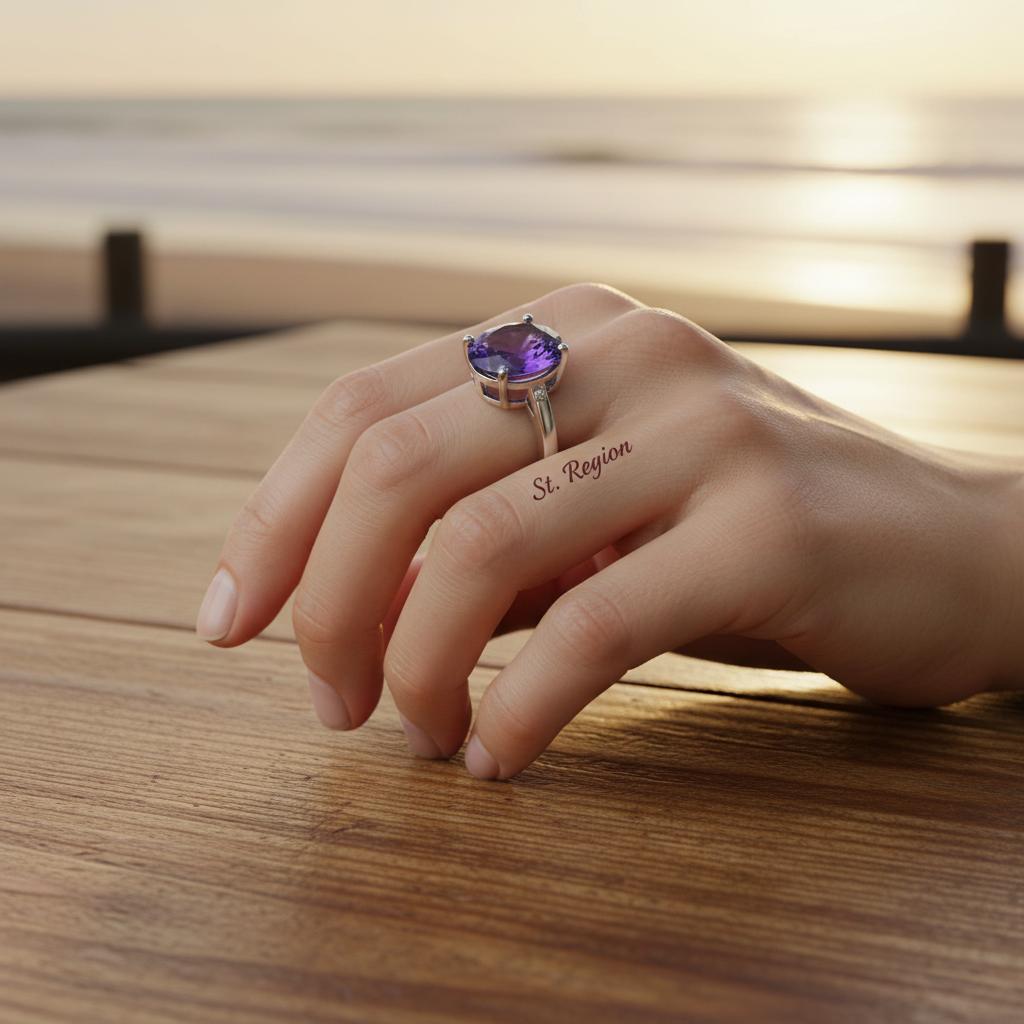 Purple Crystal & Silver-Plated Oval-Cut Solitaire Ring