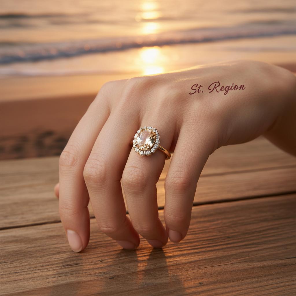 Champagne Crystal and Cubic Zirconia Pavé Halo Oval-Cut Ring, statement rings for women, botanical inspired, styled look