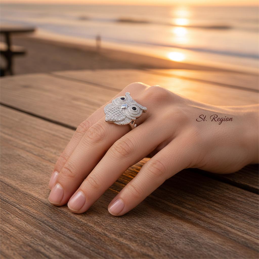 Cubic Zirconia and Silver-Plated Owl Ring, silver statement rings for women, vintage-inspired design, styled look