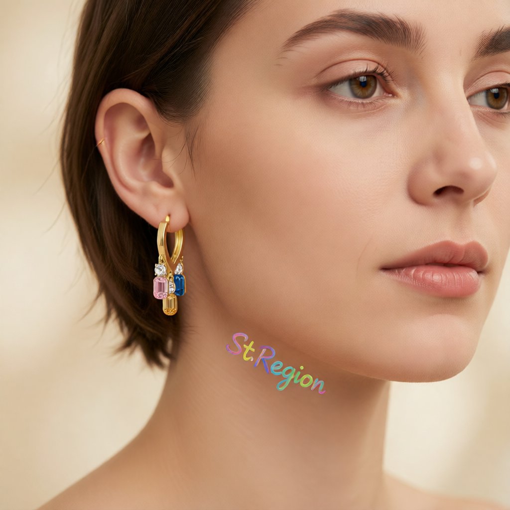 Crystal and 18K Gold-Plated Multicolor Charm Huggie Earrings, gold huggie earrings, vintage-inspired design, styled look