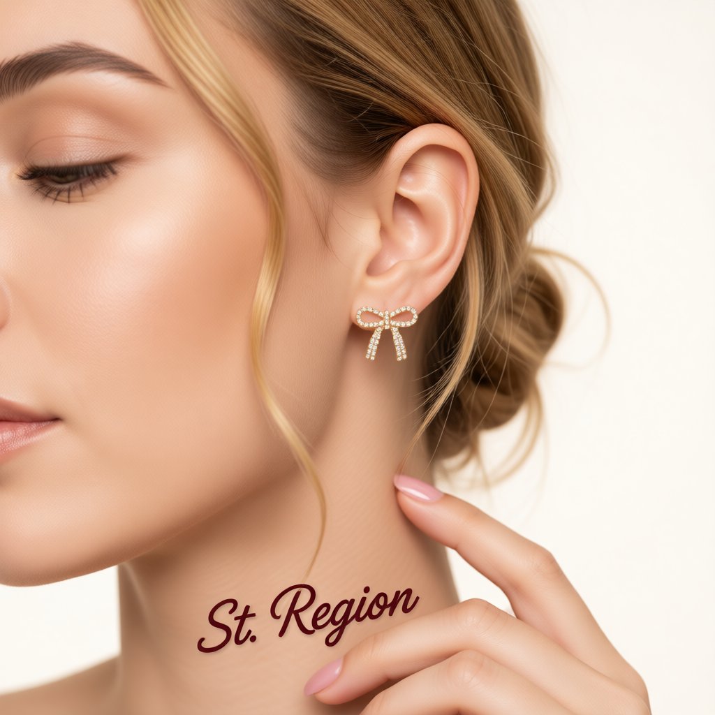 Cubic Zirconia and 18K Gold-Plated Bow Stud Earring, gold stud earrings for women, dainty minimalist design, styled look