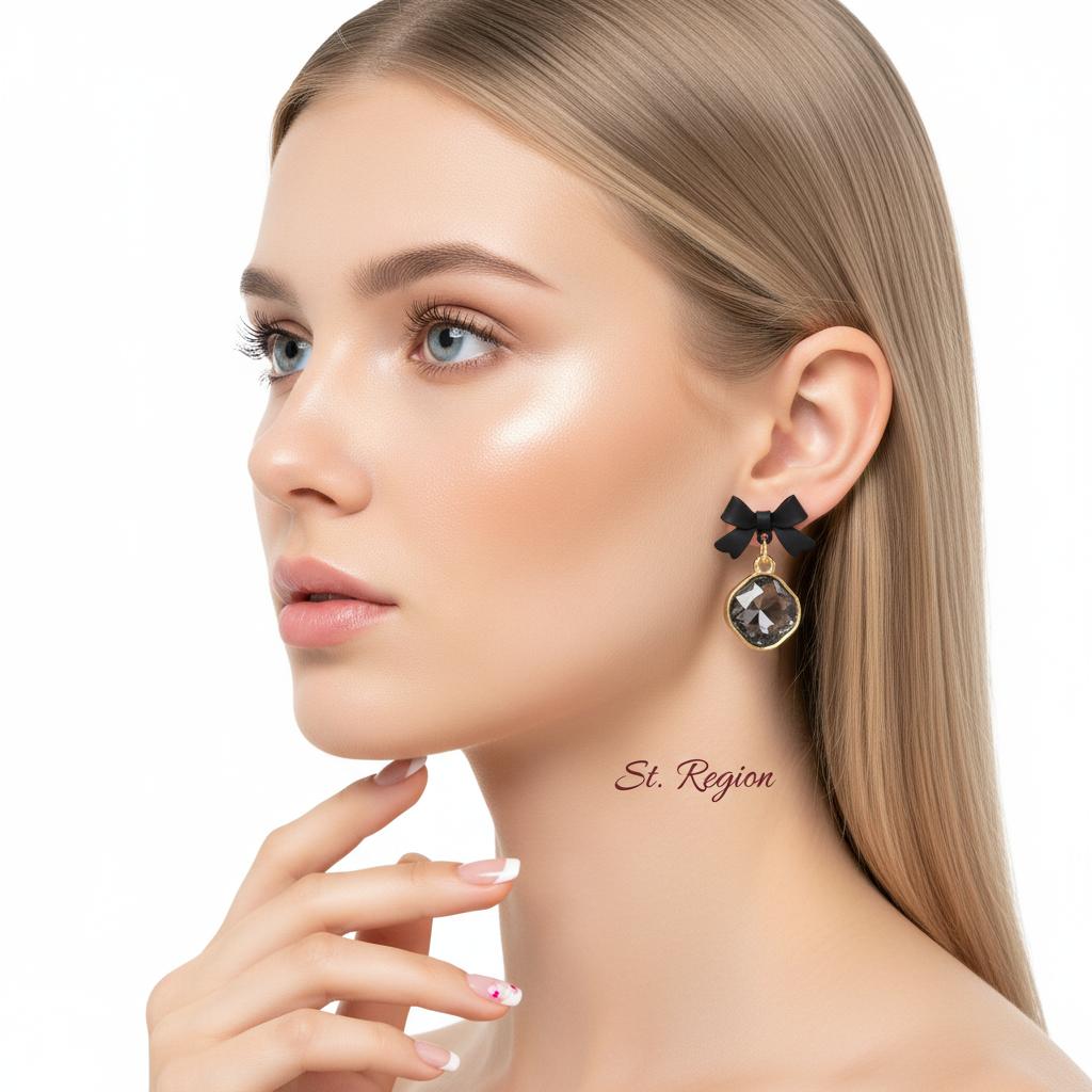 Black Crystal and 18K Gold-Plated Bow Diamond Drop Earrings, gold drop earrings for women, styled look