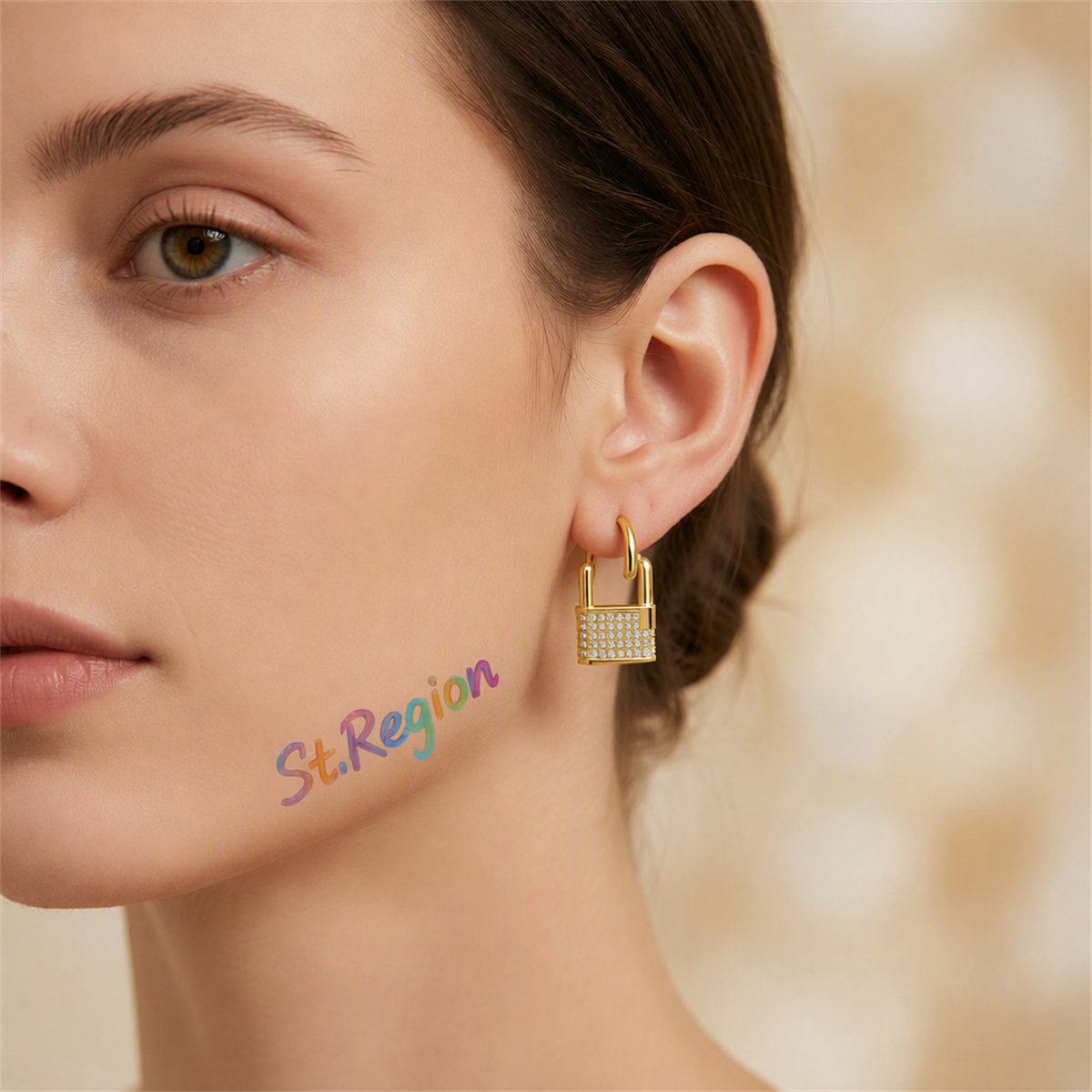 Cubic Zirconia and 18K Gold-Plated Lock Huggie Earrings, gold huggie earrings, botanical inspired, styled look