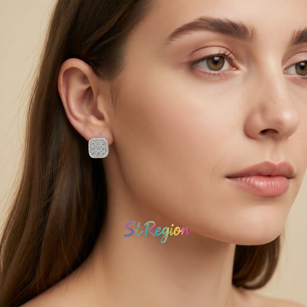 Cubic Zirconia & Silver-Plated Rounded Square Stud Earrings