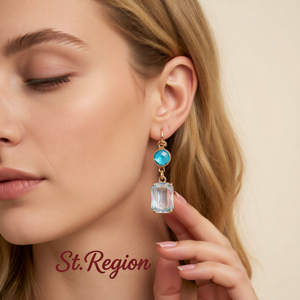 Blue Crystal & 18K Gold-Plated Round Rectangle Drop Earrings