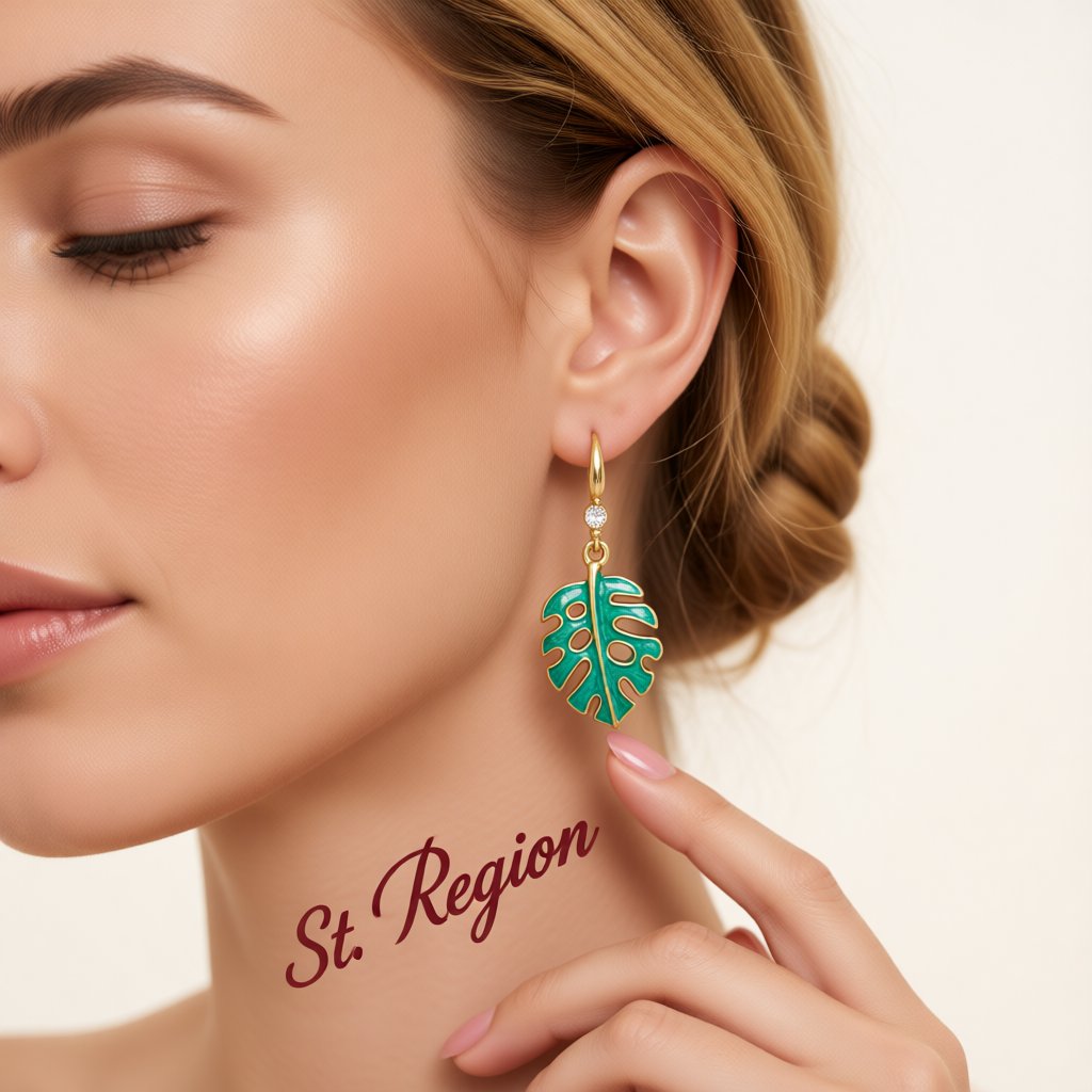 Green Enamel and Cubic Zirconia Openwork Palm Leaf Drop Earrings, drop earrings for women, everyday style, styled look