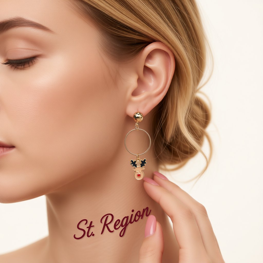 Beige Enamel and 18K Gold-Plated Reindeer Circle Drop Earrings, gold drop earrings for women, styled look