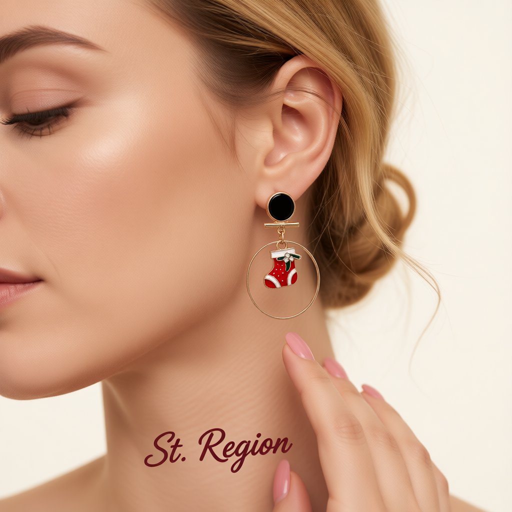 Red Enamel and 18K Gold-Plated Cubic Zirconia-Accent Stocking Circle Drop Earrings, gold drop earrings for women, styled look