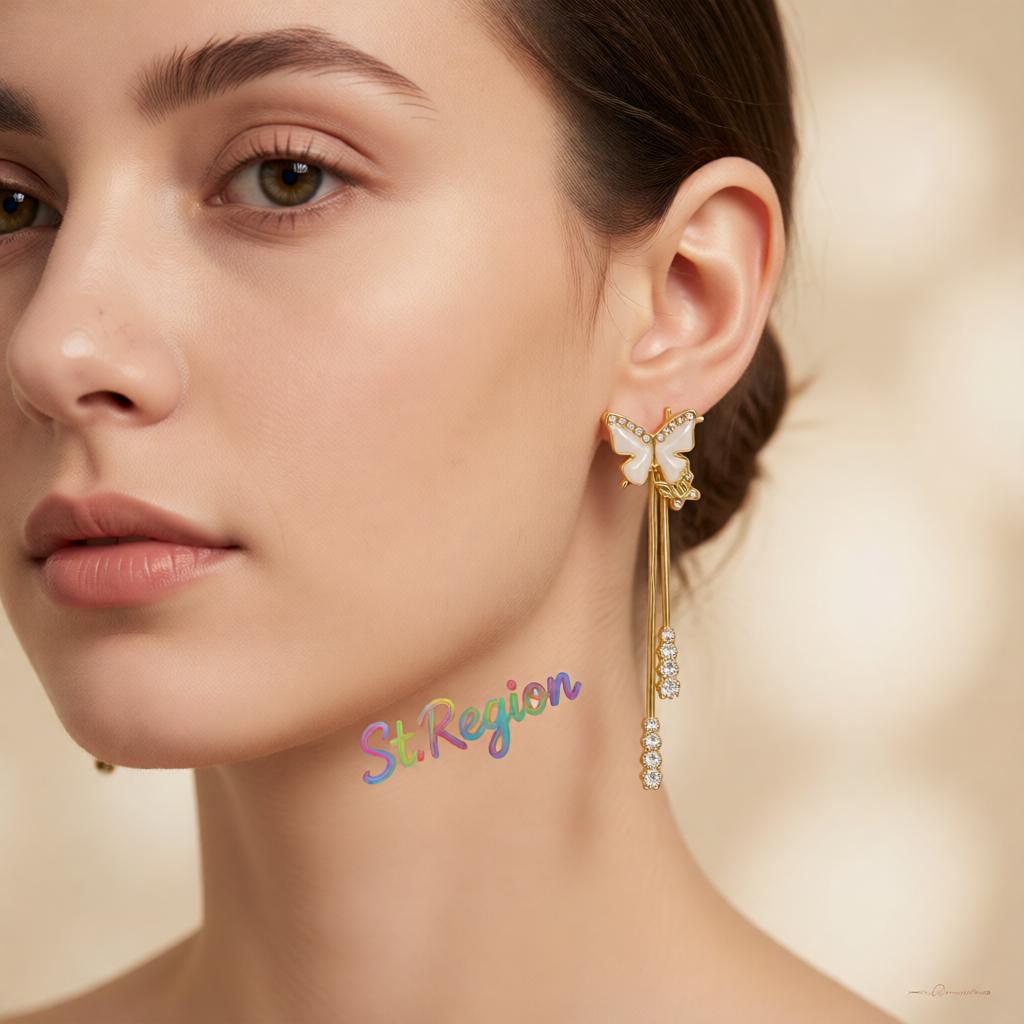 White Enamel & Cubic Zirconia 18K Gold-Plated Butterfly Tassel Drop Earrings