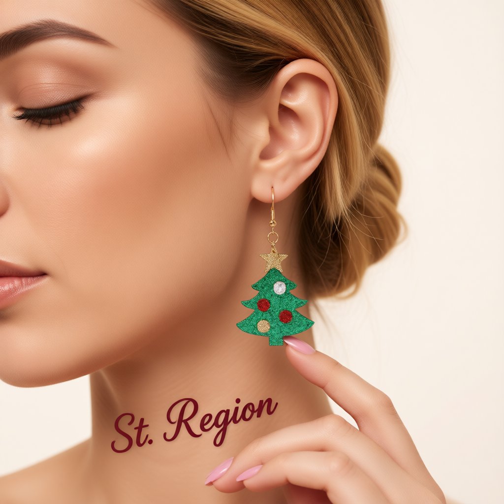 Green and 18K Gold-Plated Glitter Christmas Tree Drop Earrings, gold drop earrings for women, everyday style, styled look