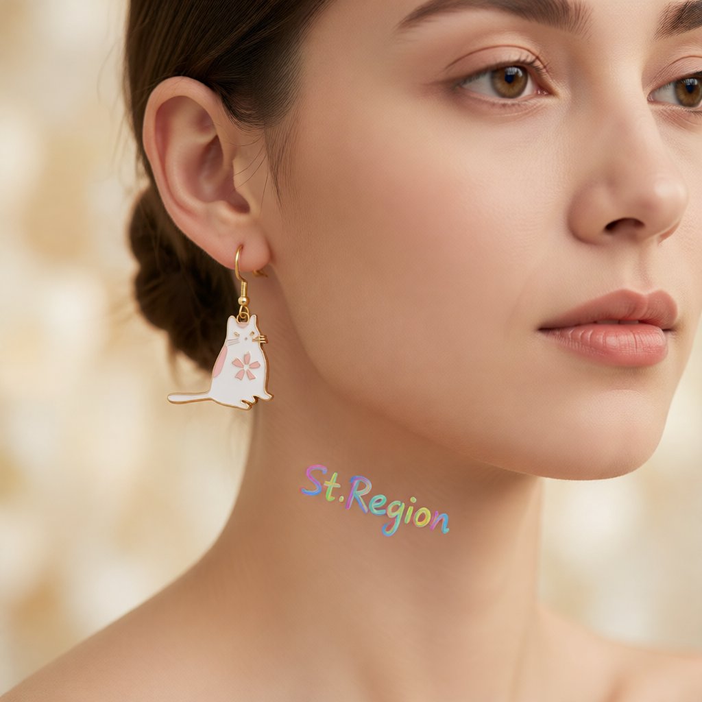White Enamel and 18K Gold-Plated Kitty Drop Earrings, gold drop earrings for women, elegant gift for her, styled look