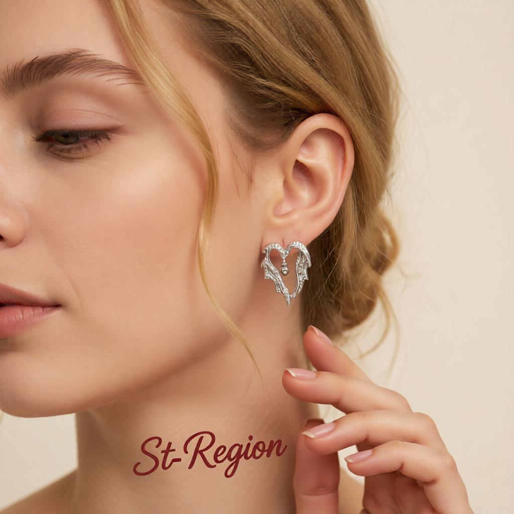 Silver-Plated Textured Bell Heart Stud Earrings, cubic zirconia stud earrings for women, botanical inspired, styled look
