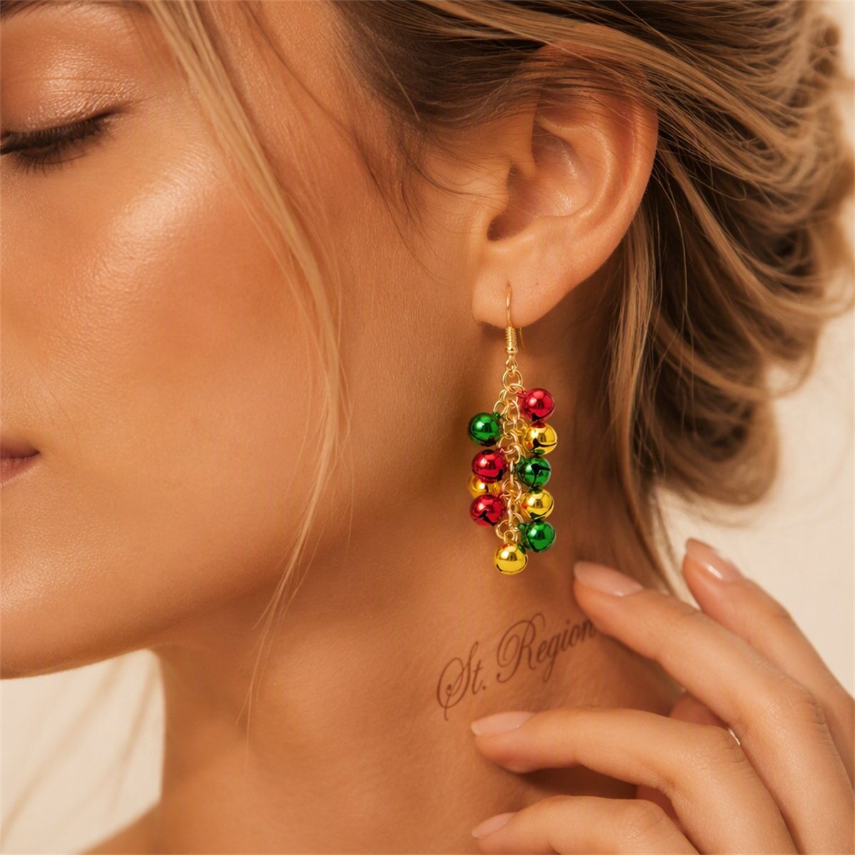 Green and Red Bell Cluster Drop Earrings, drop earrings for women, everyday style, styled look